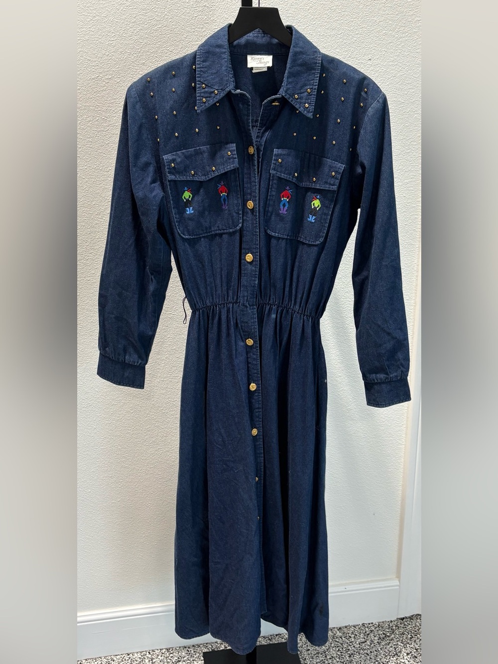 Vintage Studded Navy Denim Midi Shirt Dress with Embroidered Pockets
